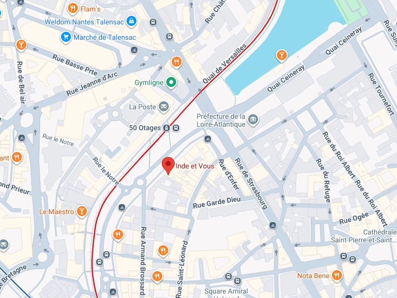 Carte Nantes : Restaurant Inde et Vous, Quai Versailles Carte centrée sur 'Inde et Vous' près de la Préfecture de la Loire-Atlantique et du Quai de Versailles, Nantes. Ruelles nommées : Rue le Notre, Rue Armand Brossard, Quai Ceineray.